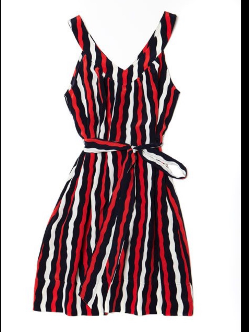 Marc Jacob’s 100% Silk Striped Tie-Waist Midi Dress in Red, White, and Blue